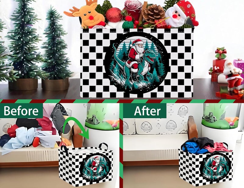 BOOHIT Large Christmas Gifts Empty Baskets Kids Collapsible Holiday Storage Bin with Handle (Dinosaur Santa Claus) - Image 5